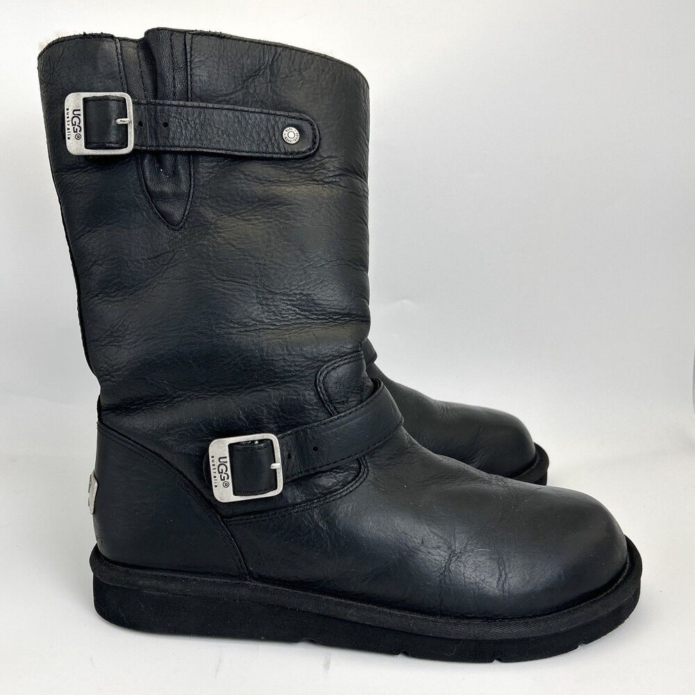 UGG Kensington Biker Moto Boots Womens Sz 10 Black Leather Buckle Shearling 5678